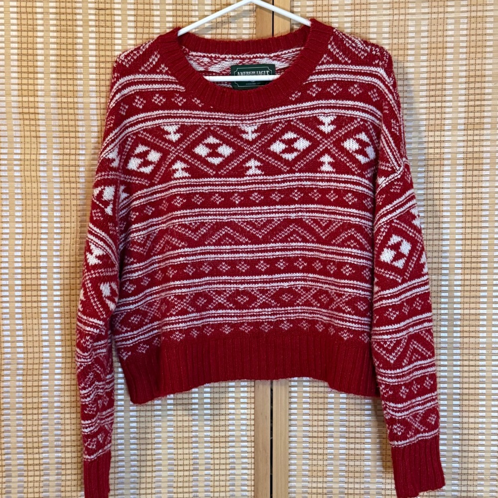 American Eagle Womens Red White Fair Isle Cropped Knit Sweater Large Preppy